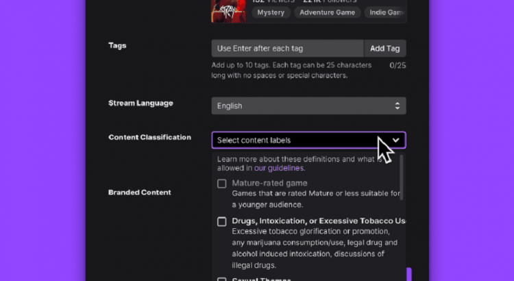 Interface des paramètres de categorisation de contenu sur Twitch