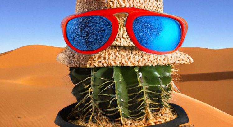 Photo generee par CM3Leon en reponse au prompt : Un petit cactus portant un chapeau de paille et des lunettes de soleil fluo dans le désert du Sahara