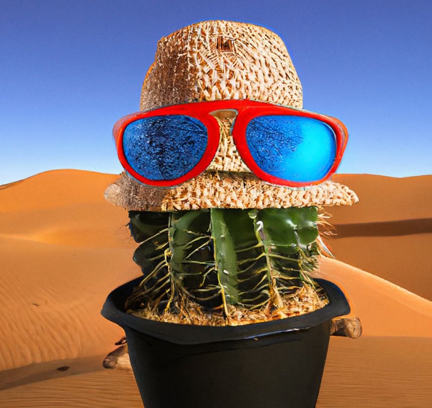 Photo generee par CM3Leon en reponse au prompt : Un petit cactus portant un chapeau de paille et des lunettes de soleil fluo dans le désert du Sahara 